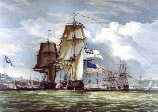 Une peinture de John Christian Schetky représentant le HMS Shannon conduisant sa prise, le USS Chesapeake au port d’Halifax en juin 1813. [ILLUSTRATION : JOHN CHRISTIAN SCHETKY, BIBLIOTHÈQUE ET ARCHIVES CANADA, COLLECTION W.H. CLOVERDALE—1970-188-1937]