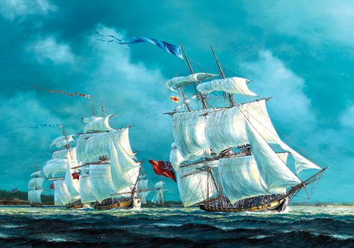 Des navires britanniques se préparent à combattre dans Ennemi en vue de Peter Rindlisbacher. [ILLUSTRATION : MUSÉE CANADIEN DE LA GUERRE, COLLECTION BEAVERBROOK 19910086-001]
