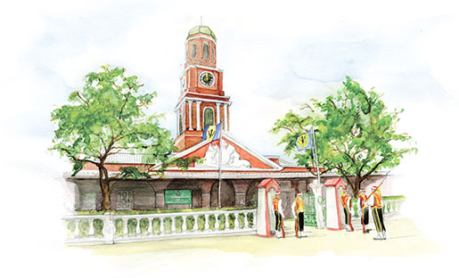 Les délégués quittent les séances pour faire une pause et observent la relève de la garde à la Main Guard, à Bridgetown, à la Barbade. [ILLUSTRATION: JENNIFER MORSE]
