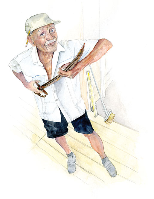 Le vétéran de la Seconde Guerre mondiale Leon Watts  montre la rainure qui permet au sang de couler le long de la lame quand on donne un coup à l’ennemi. [ILLUSTRATION: JENNIFER MORSE]